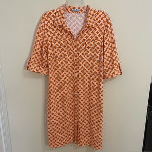 J. McLaughlin Brynn Burnt Orange White Geometric Shirt Dress Wm Sz XL